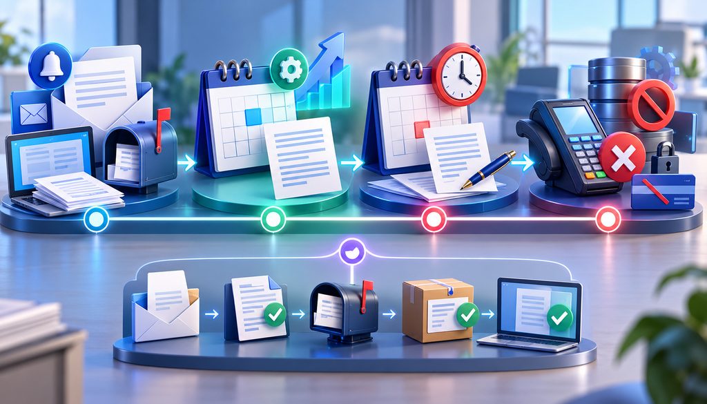 Merchant agreement timeline showing notice, rejection deadline, effective date, and account closure
